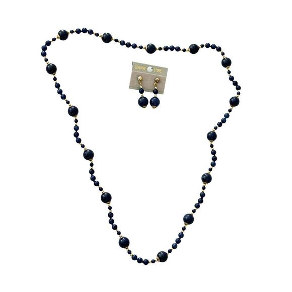 Blue lapis gemstone with gold tone beaded 18 inch necklace matching earrings - Picture 1 of 9